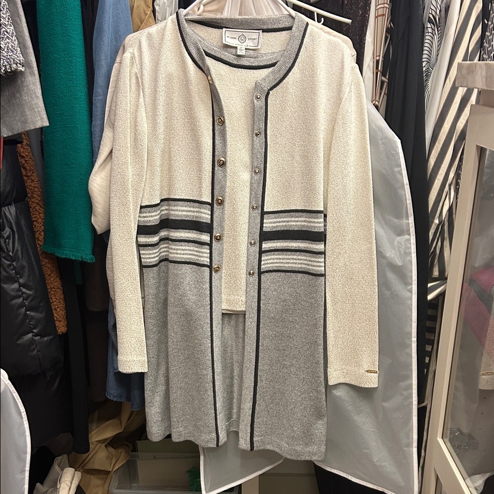 St. John Sport - Cardigan Sweater and shell- Cream/ Gray with gold thread